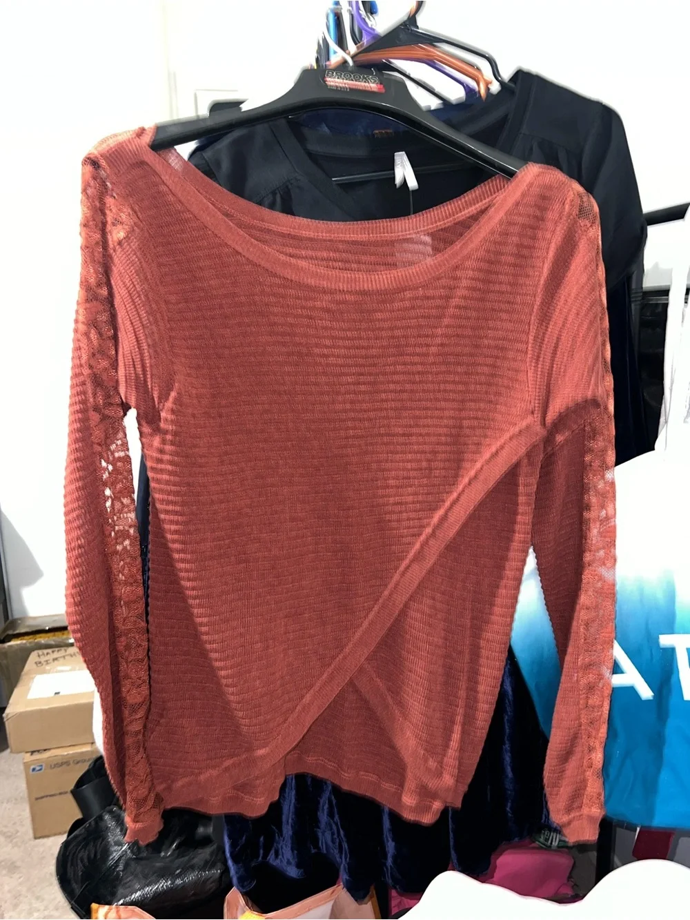 Free People Split - Back Boat Neck Rust /Terracotta Lace-Trim Sweater